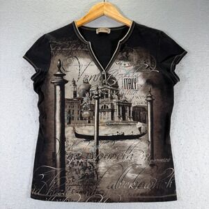 Vintage Blue Canyon Clothing Italy Print T-Shirt Womens XL Top Made in USA‎